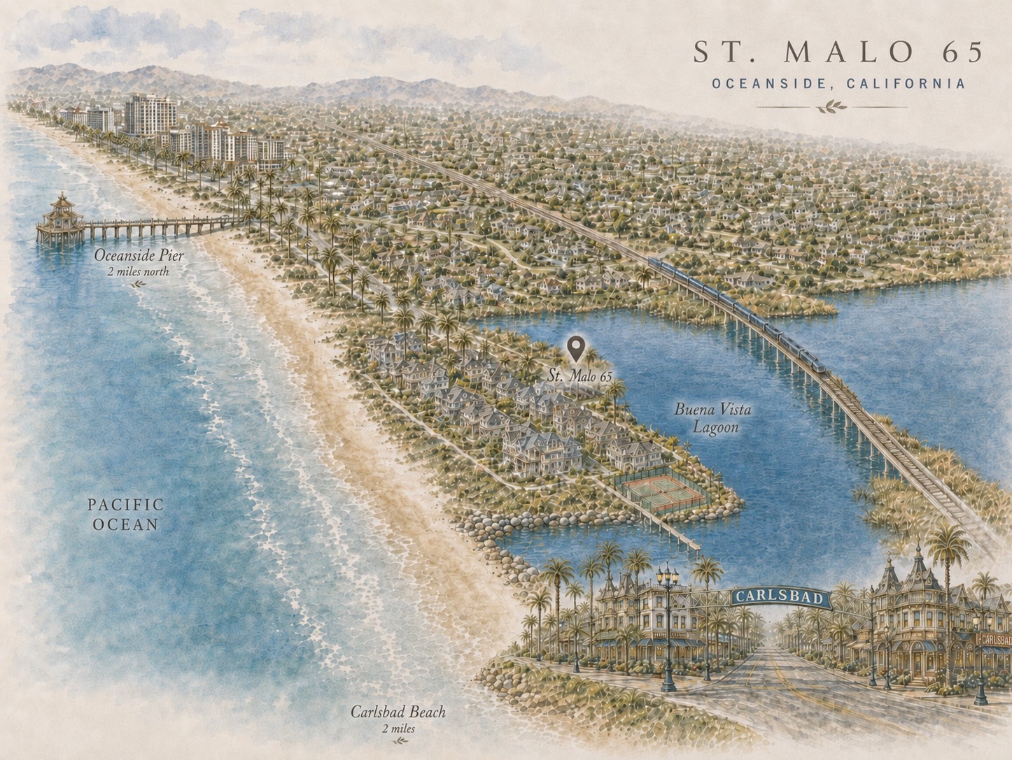 A painted map of the coast: St. Malo 65 on Buena Vista Lagoon, the Pacific to the west, Oceanside Pier two miles north and Carlsbad Beach two miles south